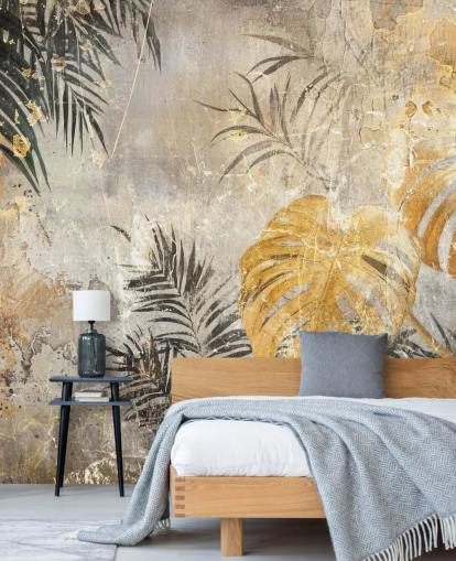 green, gold and gray jungle wall mural called Distressed Jungle Leaves IV by Rafal Kulik