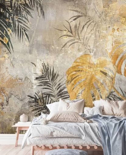 grön, guld och grå djungel väggmålning kallad Distressed Jungle Leaves IV av Rafal Kulik