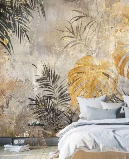 mural de parede de selva verde, dourado e cinza chamado Distressed Jungle Leaves IV de Rafal Kulik