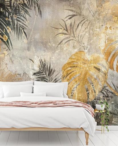 Grünes, goldenes und graues Dschungel-Wandbild namens Distressed Jungle Leaves IV von Rafal Kulik