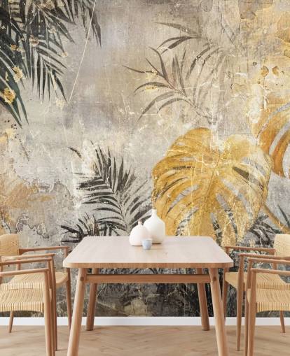 mural de pared verde, dorado y gris de la jungla llamado Distressed Jungle Leaves IV de Rafal Kulik