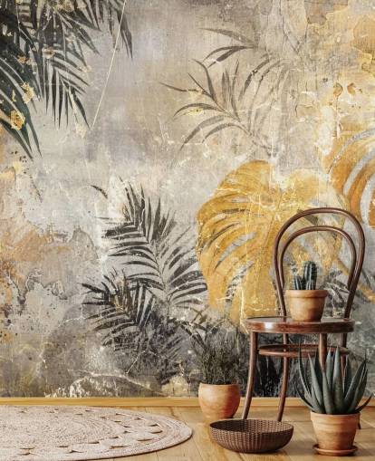 grønn, gull og grå jungel veggmaleri kalt Distressed Jungle Leaves IV av Rafal Kulik