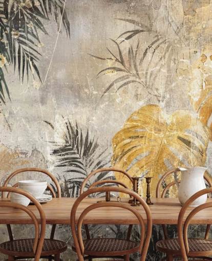 Grünes, goldenes und graues Dschungel-Wandbild namens Distressed Jungle Leaves IV von Rafal Kulik Grünes, goldenes und graues Dschungel-Wandbild namens Distressed Jungle Leaves IV von Rafal Kulik