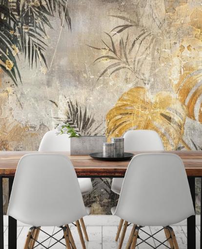 grøn, guld og grå jungle vægmaleri kaldet Distressed Jungle Leaves IV af Rafal Kulik