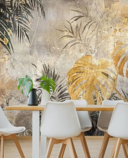 grøn, guld og grå jungle vægmaleri kaldet Distressed Jungle Leaves IV af Rafal Kulik grøn, guld og grå jungle vægmaleri kaldet Distressed Jungle Leaves IV af Rafal Kulik