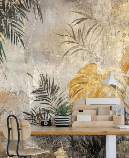 grøn, guld og grå jungle vægmaleri kaldet Distressed Jungle Leaves IV af Rafal Kulik