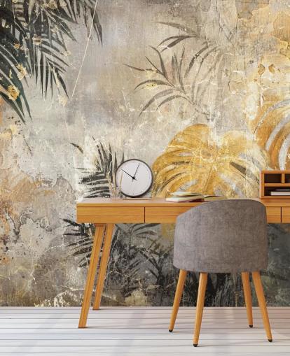 grön, guld och grå djungel väggmålning kallad Distressed Jungle Leaves IV av Rafal Kulik