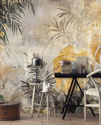mural de parede de selva verde, dourado e cinza chamado Distressed Jungle Leaves IV de Rafal Kulik