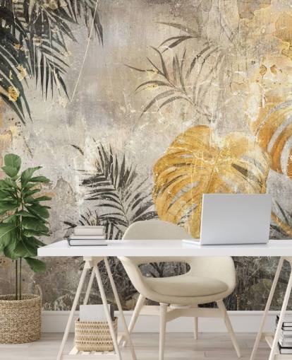 mural de pared verde, dorado y gris de la jungla llamado Distressed Jungle Leaves IV de Rafal Kulik