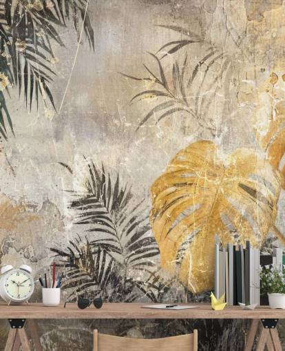 grön, guld och grå djungel väggmålning kallad Distressed Jungle Leaves IV av Rafal Kulik grön, guld och grå djungel väggmålning kallad Distressed Jungle Leaves IV av Rafal Kulik