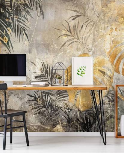 vihreä, kulta ja harmaa viidakon seinämaalaus nimeltä Distressed Jungle Leaves IV, kirjoittanut Rafal Kulik vihreä, kulta ja harmaa viidakon seinämaalaus nimeltä Distressed Jungle Leaves IV, kirjoittanut Rafal Kulik