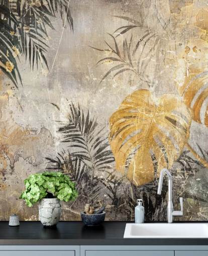 murale con giungla verde, oro e grigio chiamato Distressed Jungle Leaves IV di Rafal Kulik murale con giungla verde, oro e grigio chiamato Distressed Jungle Leaves IV di Rafal Kulik