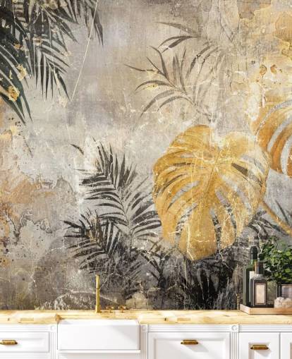mural de pared verde, dorado y gris de la jungla llamado Distressed Jungle Leaves IV de Rafal Kulik