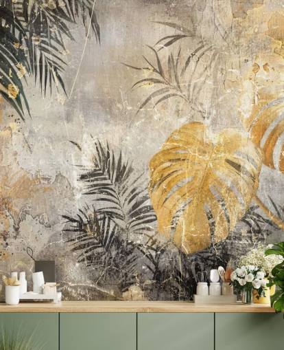 groene, gouden en grijze jungle muurschildering genaamd Distressed Jungle Leaves IV van Rafal Kulik