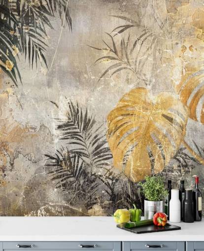 mural de parede de selva verde, dourado e cinza chamado Distressed Jungle Leaves IV de Rafal Kulik
