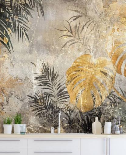 Grünes, goldenes und graues Dschungel-Wandbild namens Distressed Jungle Leaves IV von Rafal Kulik