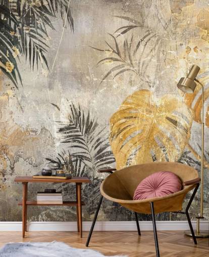 green, gold and grey jungle wall mural called Distressed Jungle Leaves IV by Rafal Kulik