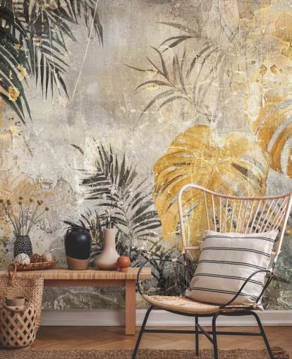 grønn, gull og grå jungel veggmaleri kalt Distressed Jungle Leaves IV av Rafal Kulik grønn, gull og grå jungel veggmaleri kalt Distressed Jungle Leaves IV av Rafal Kulik