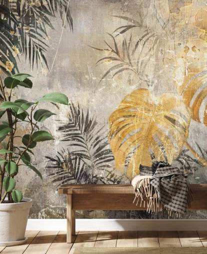 fresque murale verte, dorée et grise de la jungle intitulée Distressed Jungle Leaves IV de Rafal Kulik