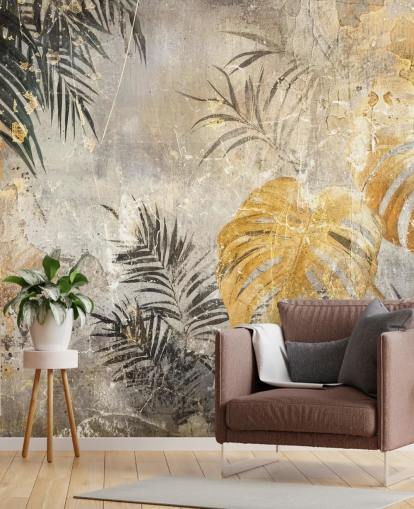 green, gold and gray jungle wall mural called Distressed Jungle Leaves IV by Rafal Kulik