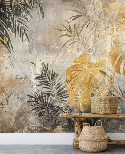 mural de pared verde, dorado y gris de la jungla llamado Distressed Jungle Leaves IV de Rafal Kulik mural de pared verde, dorado y gris de la jungla llamado Distressed Jungle Leaves IV de Rafal Kulik
