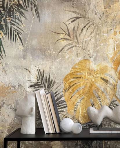 Grünes, goldenes und graues Dschungel-Wandbild namens Distressed Jungle Leaves IV von Rafal Kulik