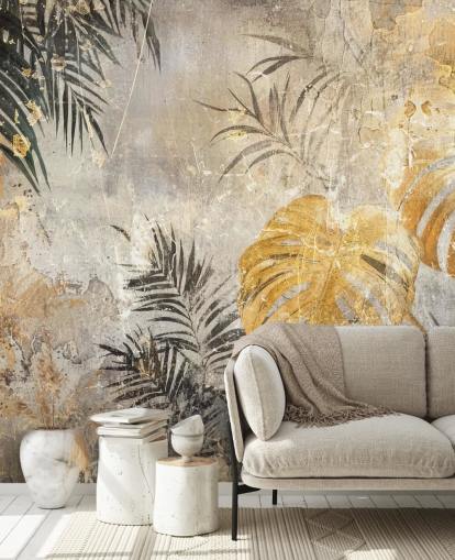 Grünes, goldenes und graues Dschungel-Wandbild namens Distressed Jungle Leaves IV von Rafal Kulik