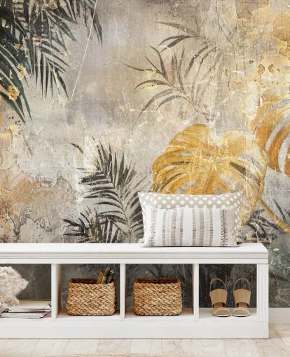 mural de pared verde, dorado y gris de la jungla llamado Distressed Jungle Leaves IV de Rafal Kulik mural de pared verde, dorado y gris de la jungla llamado Distressed Jungle Leaves IV de Rafal Kulik