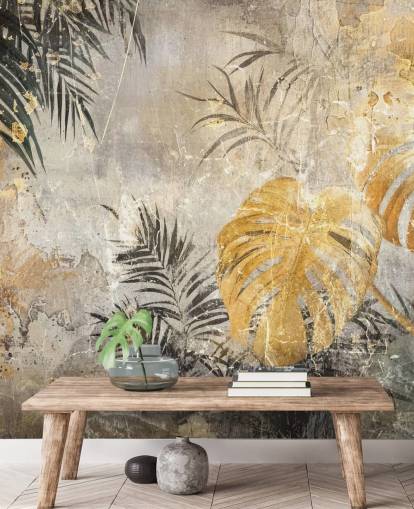 grøn, guld og grå jungle vægmaleri kaldet Distressed Jungle Leaves IV af Rafal Kulik