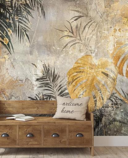 green, gold and grey jungle wall mural called Distressed Jungle Leaves IV by Rafal Kulik