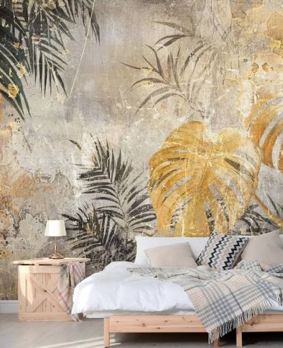 murale con giungla verde, oro e grigio chiamato Distressed Jungle Leaves IV di Rafal Kulik murale con giungla verde, oro e grigio chiamato Distressed Jungle Leaves IV di Rafal Kulik