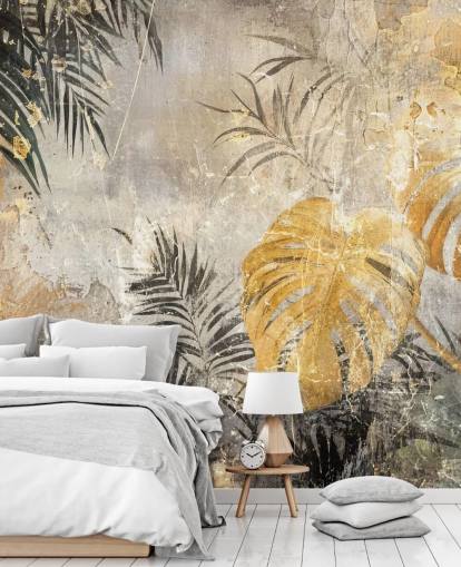 grøn, guld og grå jungle vægmaleri kaldet Distressed Jungle Leaves IV af Rafal Kulik