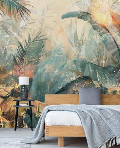 murale da parete vintage personalizzato verde e arancione chiamato Distressed Jungle Leaves V di Rafal Kulik