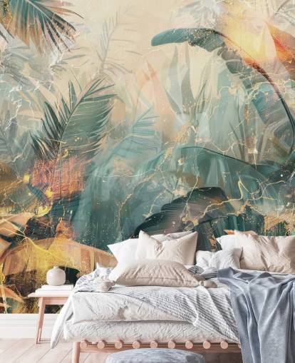 grøn og orange brugerdefineret vintage jungle vægmaleri kaldet Distressed Jungle Leaves V af Rafal Kulik grøn og orange brugerdefineret vintage jungle vægmaleri kaldet Distressed Jungle Leaves V af Rafal Kulik