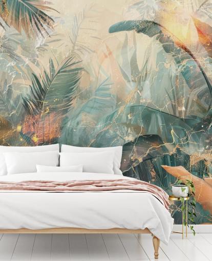 mural de pared de jungla vintage personalizado verde y naranja llamado Distressed Jungle Leaves V de Rafal Kulik mural de pared de jungla vintage personalizado verde y naranja llamado Distressed Jungle Leaves V de Rafal Kulik