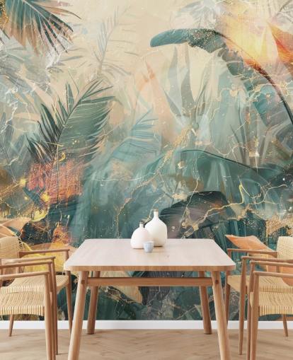 mural de parede vintage personalizado em verde e laranja chamado Distressed Jungle Leaves V de Rafal Kulik