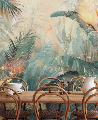 Grünes und orangefarbenes individuelles Vintage-Dschungel-Wandbild namens Distressed Jungle Leaves V von Rafal Kulik