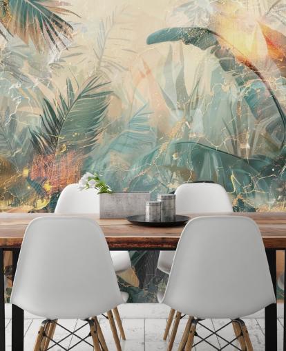 mural de parede vintage personalizado em verde e laranja chamado Distressed Jungle Leaves V de Rafal Kulik