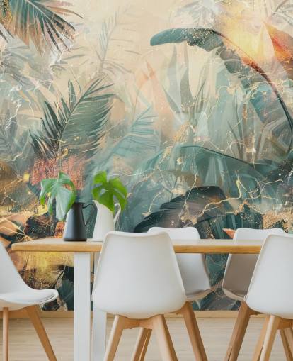 mural de parede vintage personalizado em verde e laranja chamado Distressed Jungle Leaves V de Rafal Kulik