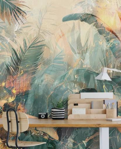 mural de pared de jungla vintage personalizado verde y naranja llamado Distressed Jungle Leaves V de Rafal Kulik
