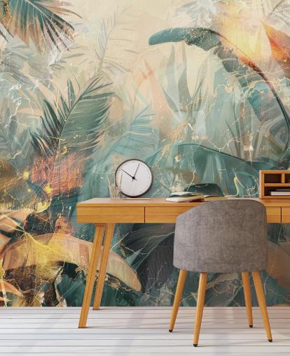 groene en oranje op maat gemaakte vintage jungle muurschildering genaamd Distressed Jungle Leaves V van Rafal Kulik