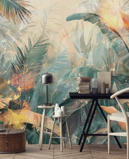 green and orange custom vintage jungle wall mural called Distressed Jungle Leaves V by Rafal Kulik