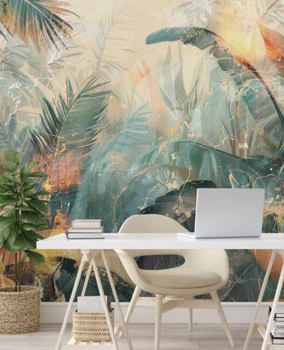 mural de pared de jungla vintage personalizado verde y naranja llamado Distressed Jungle Leaves V de Rafal Kulik