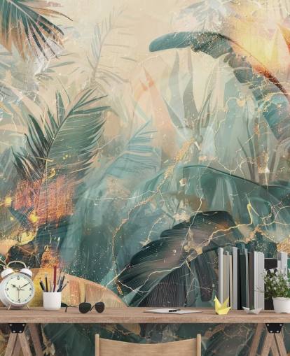 fresque murale vintage personnalisée de la jungle verte et orange appelée Distressed Jungle Leaves V par Rafal Kulik