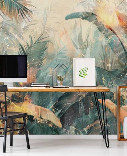 murale da parete vintage personalizzato verde e arancione chiamato Distressed Jungle Leaves V di Rafal Kulik murale da parete vintage personalizzato verde e arancione chiamato Distressed Jungle Leaves V di Rafal Kulik