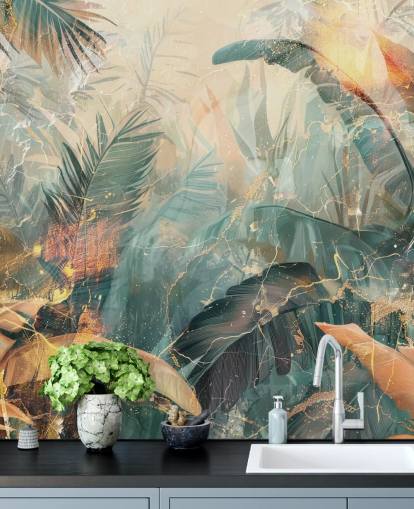green and orange custom vintage jungle wall mural called Distressed Jungle Leaves V by Rafal Kulik