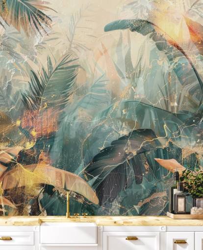 green and orange custom vintage jungle wall mural called Distressed Jungle Leaves V by Rafal Kulik