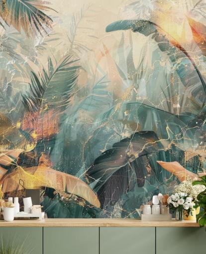 grön och orange anpassad vintage djungel väggmålning som heter Distressed Jungle Leaves V av Rafal Kulik