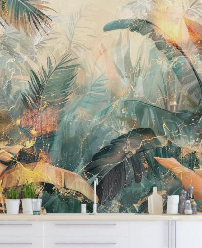 groene en oranje op maat gemaakte vintage jungle muurschildering genaamd Distressed Jungle Leaves V van Rafal Kulik groene en oranje op maat gemaakte vintage jungle muurschildering genaamd Distressed Jungle Leaves V van Rafal Kulik