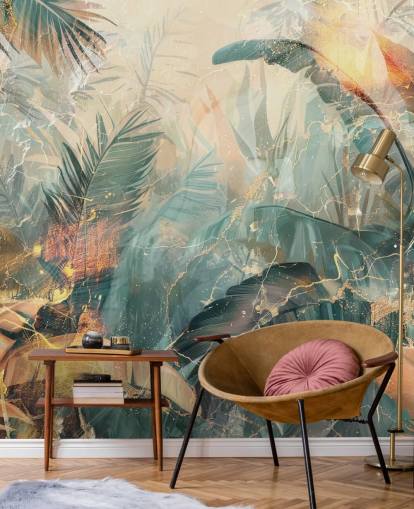 green and orange custom vintage jungle wall mural called Distressed Jungle Leaves V by Rafal Kulik green and orange custom vintage jungle wall mural called Distressed Jungle Leaves V by Rafal Kulik